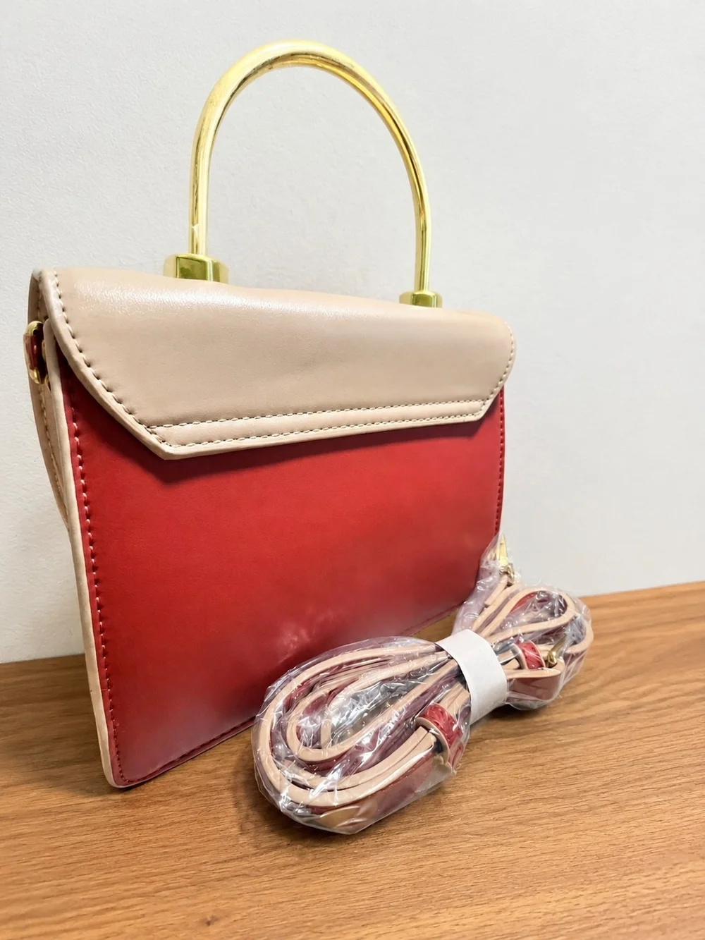 Two-Tone Rust and Beige Structured Top-Handle Satchel